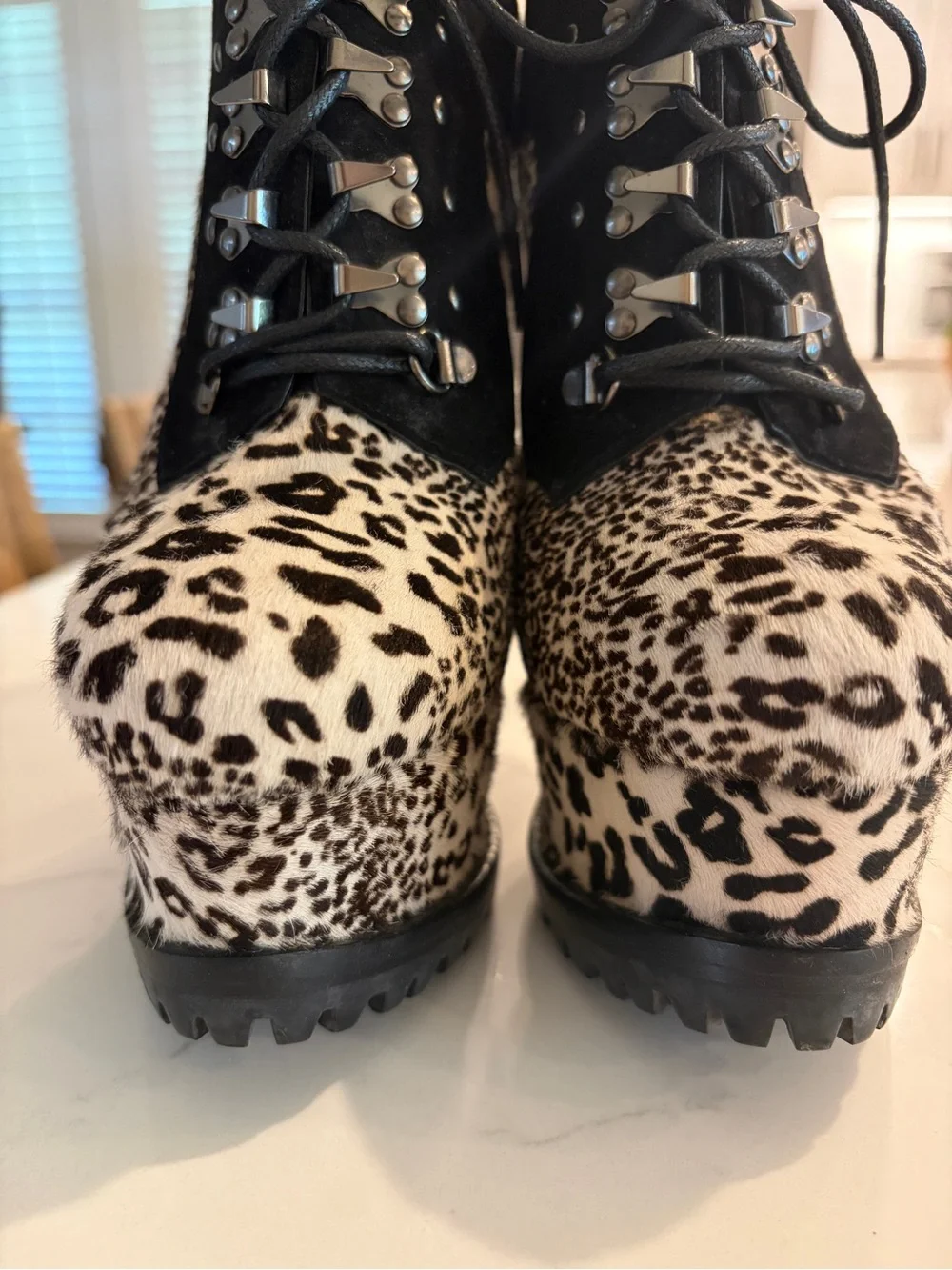 ALAIA Black/White Leopard Print Calf Hair And Suede High Heeled Platform Shoes